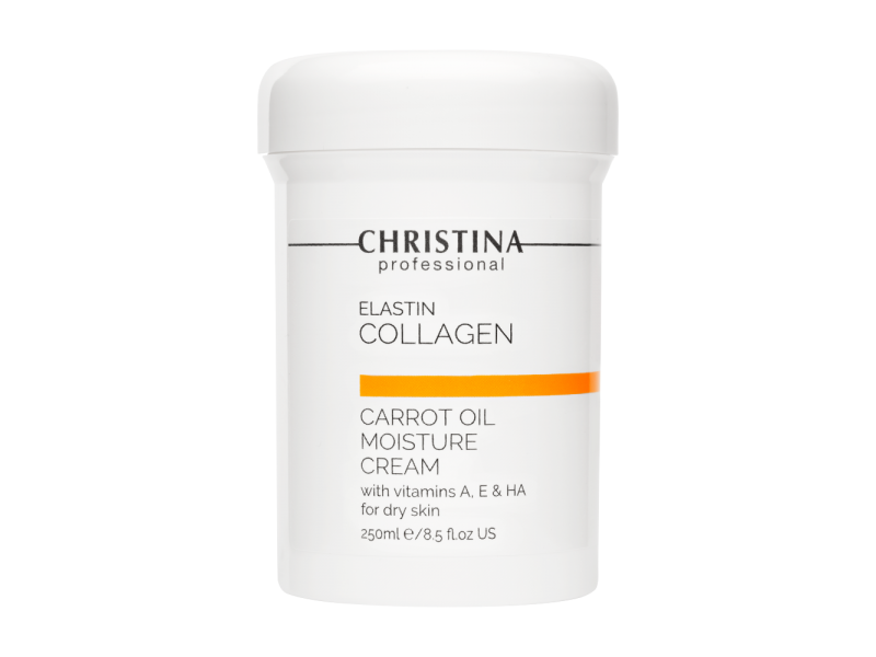   Christina Elastin Collagen Carrot Oil Moisture Cream with Vitamins A, E & HA for dry skin  Увлажняющий крем с витаминами А, Е и гиалуроновой кислотой для сухой кожи «Эластин, коллаген, морковное масло», 250 мл  Применение